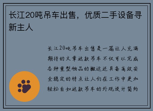 长江20吨吊车出售，优质二手设备寻新主人